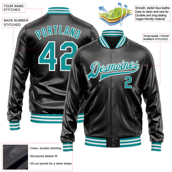 Custom Black Teal-White Bomber Full-Snap Varsity Faux Leather Letterman Jacket alternate
