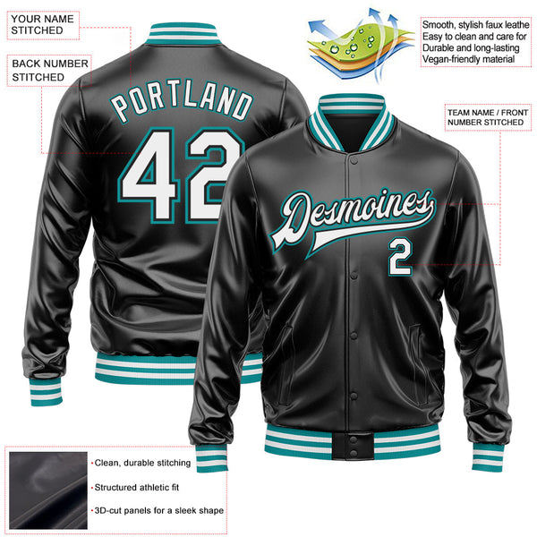 Custom Black White-Teal Bomber Full-Snap Varsity Faux Leather Letterman Jacket alternate