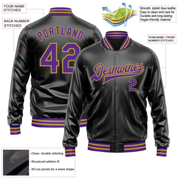 Custom Black Purple-Old Gold Bomber Full-Snap Varsity Faux Leather Letterman Jacket alternate