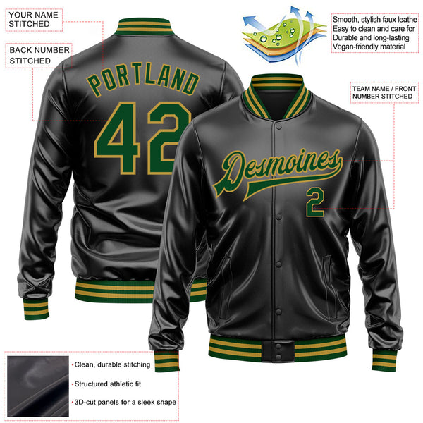Custom Black Green-Old Gold Bomber Full-Snap Varsity Faux Leather Letterman Jacket alternate