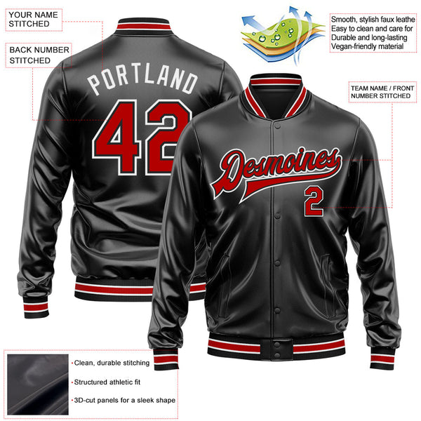 Custom Black Red-White Bomber Full-Snap Varsity Faux Leather Letterman Jacket alternate