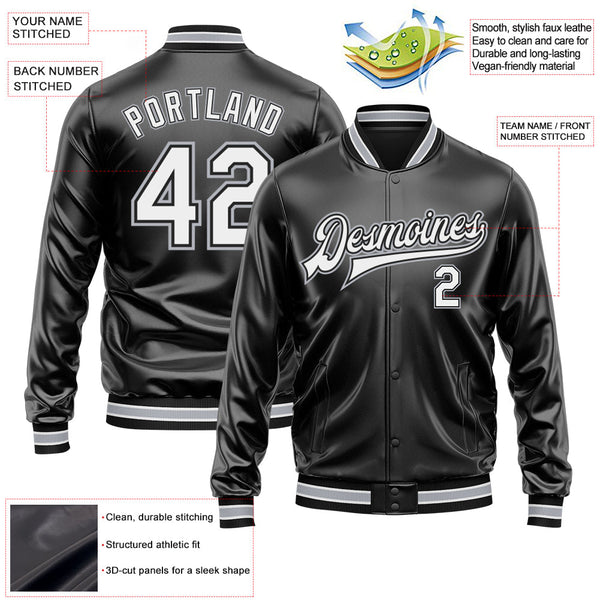 Custom Black White-Gray Bomber Full-Snap Varsity Faux Leather Letterman Jacket alternate