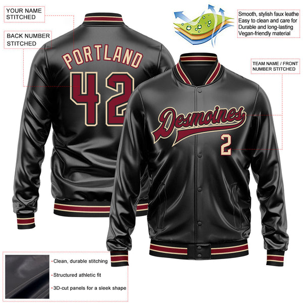 Custom Black Crimson-City Cream Bomber Full-Snap Varsity Faux Leather Letterman Jacket alternate