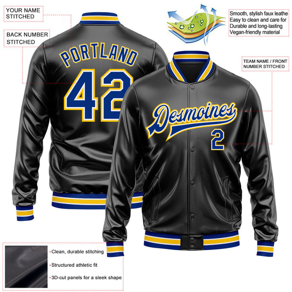 Custom Black Royal-Yellow Bomber Full-Snap Varsity Faux Leather Letterman Jacket alternate