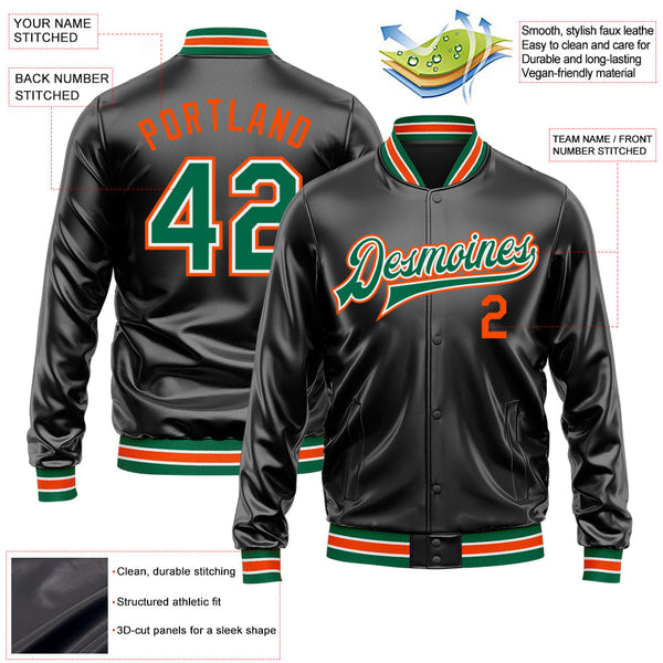 Custom Black Kelly Green-Orange Bomber Full-Snap Varsity Faux Leather Letterman Jacket alternate