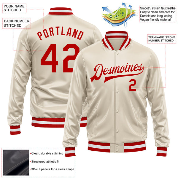 Custom Cream Red Bomber Full-Snap Varsity Faux Leather Letterman Jacket alternate