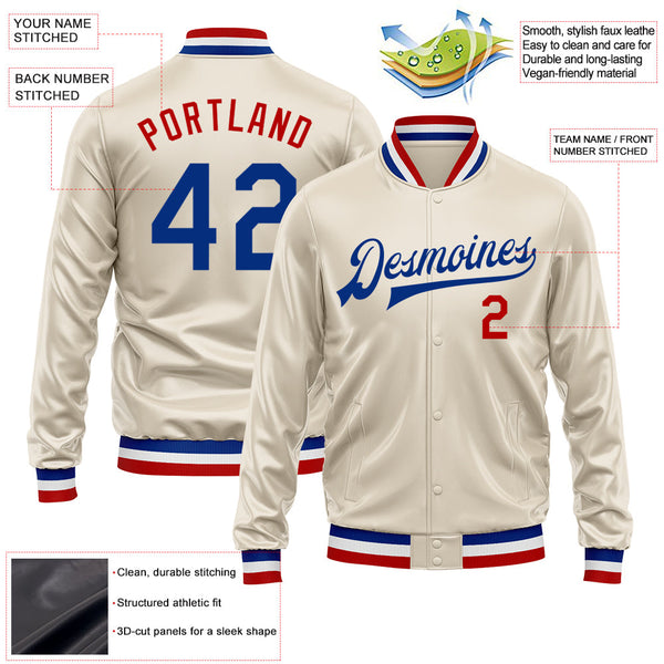 Custom Cream Royal-Red Bomber Full-Snap Varsity Faux Leather Letterman Jacket alternate