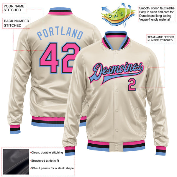 Custom Cream Pink Light Blue-Black Bomber Full-Snap Varsity Faux Leather Letterman Jacket alternate