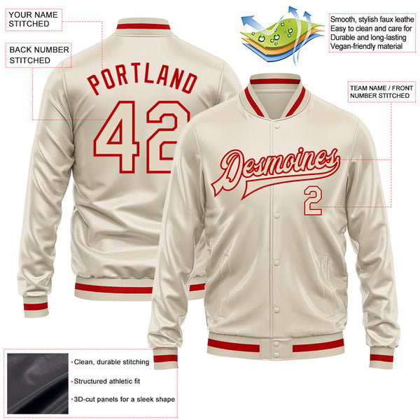 Custom Cream Cream-Red Bomber Full-Snap Varsity Faux Leather Letterman Jacket alternate