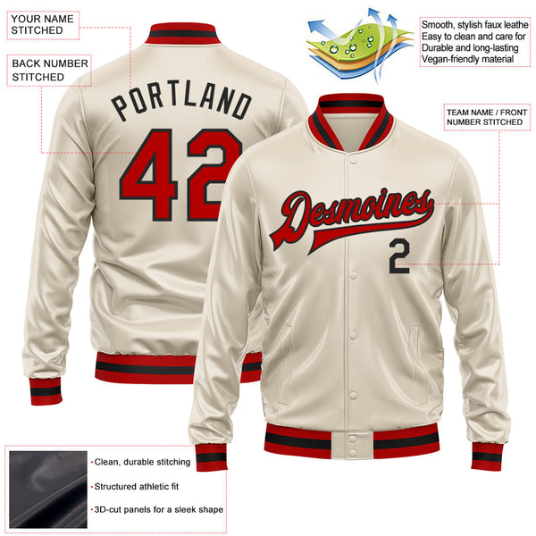 Custom Cream Red-Black Bomber Full-Snap Varsity Faux Leather Letterman Jacket alternate
