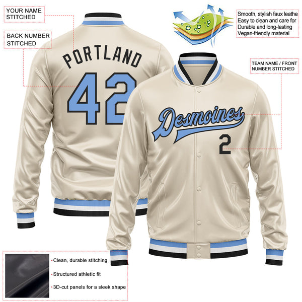 Custom Cream Light Blue-Black Bomber Full-Snap Varsity Faux Leather Letterman Jacket alternate