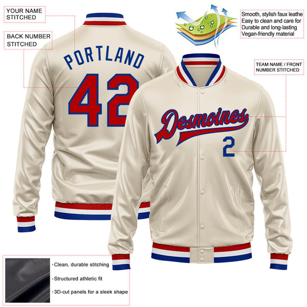 Custom Cream Red-Royal Bomber Full-Snap Varsity Faux Leather Letterman Jacket alternate