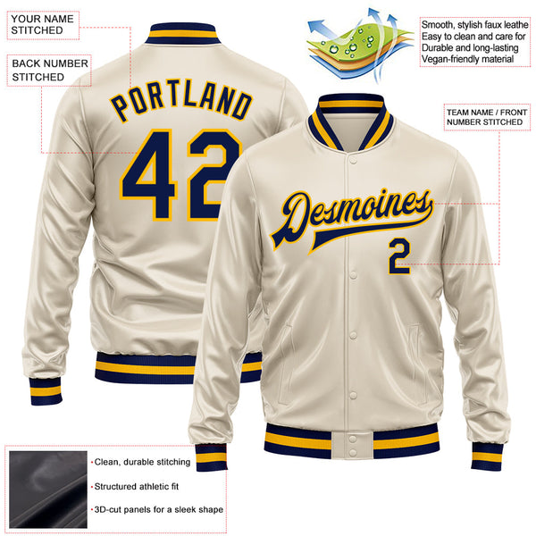 Custom Cream Navy-Gold Bomber Full-Snap Varsity Faux Leather Letterman Jacket alternate