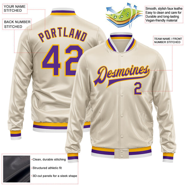 Custom Cream Purple-Gold Bomber Full-Snap Varsity Faux Leather Letterman Jacket alternate