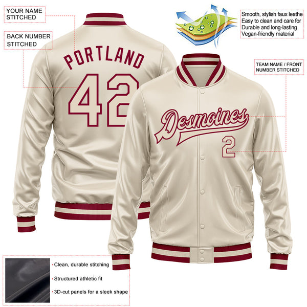 Custom Cream Cream-Maroon Bomber Full-Snap Varsity Faux Leather Letterman Jacket alternate
