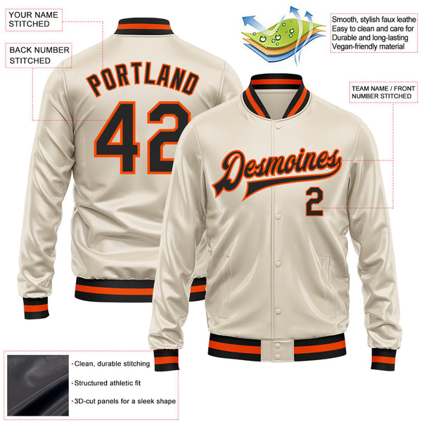 Custom Cream Black-Orange Bomber Full-Snap Varsity Faux Leather Letterman Jacket alternate