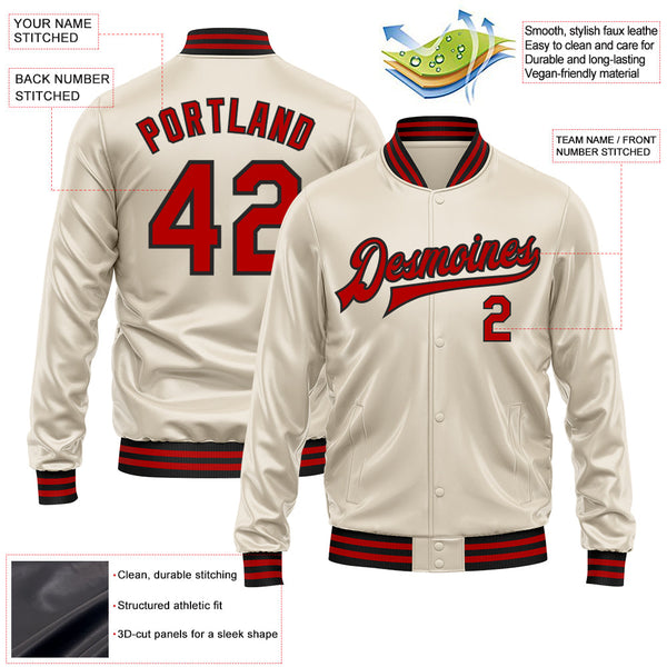 Custom Cream Red-Black Bomber Full-Snap Varsity Faux Leather Letterman Jacket alternate