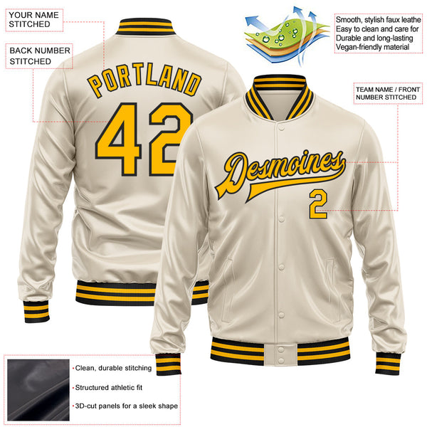 Custom Cream Gold-Black Bomber Full-Snap Varsity Faux Leather Letterman Jacket alternate