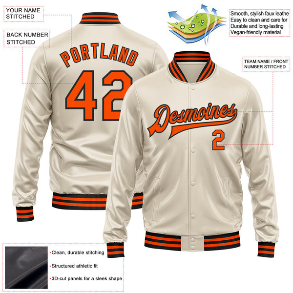 Custom Cream Orange-Black Bomber Full-Snap Varsity Faux Leather Letterman Jacket alternate