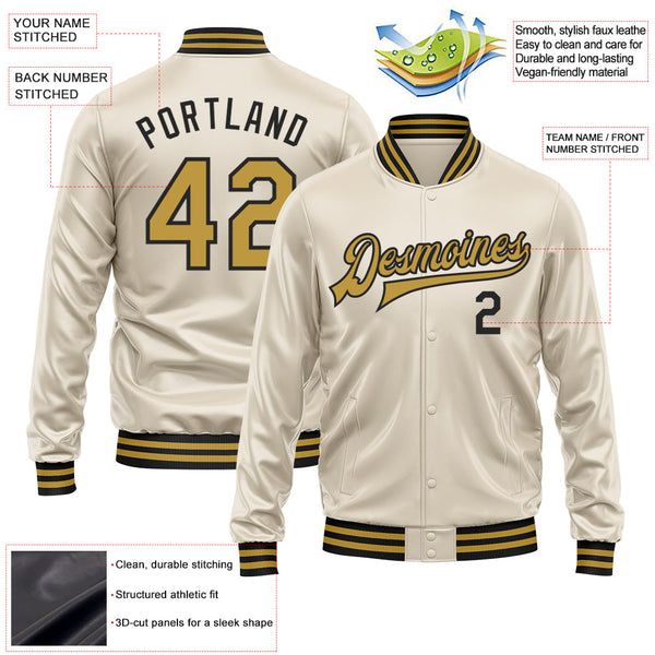 Custom Cream Old Gold-Black Bomber Full-Snap Varsity Faux Leather Letterman Jacket alternate