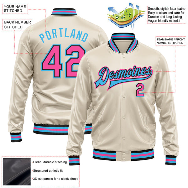 Custom Cream Pink Sky Blue-Black Bomber Full-Snap Varsity Faux Leather Letterman Jacket alternate