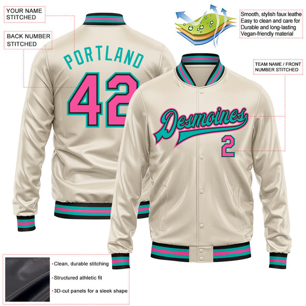 Custom Cream Pink Aqua-Black Bomber Full-Snap Varsity Faux Leather Letterman Jacket alternate