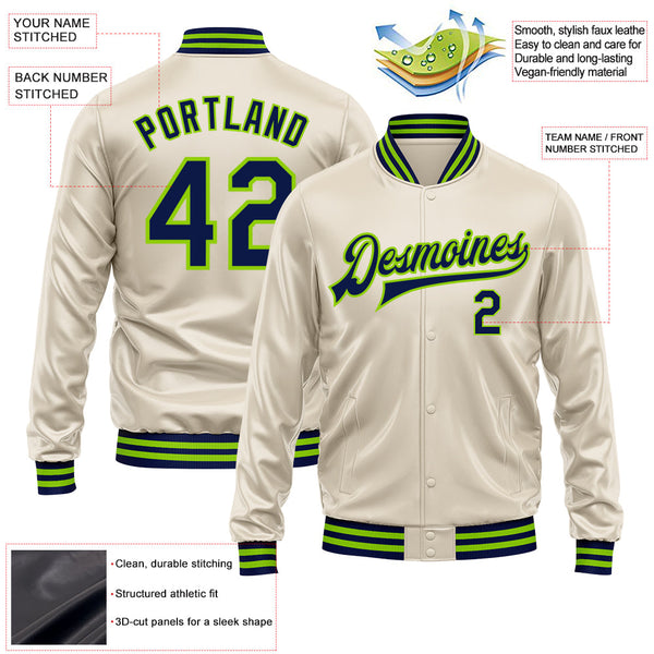 Custom Cream Navy-Neon Green Bomber Full-Snap Varsity Faux Leather Letterman Jacket alternate