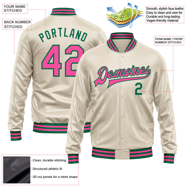 Custom Cream Pink-Kelly Green Bomber Full-Snap Varsity Faux Leather Letterman Jacket alternate