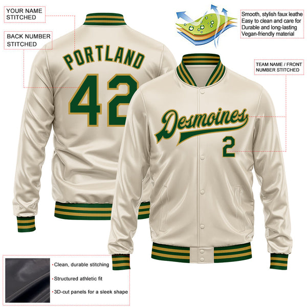 Custom Cream Green-Old Gold Bomber Full-Snap Varsity Faux Leather Letterman Jacket alternate