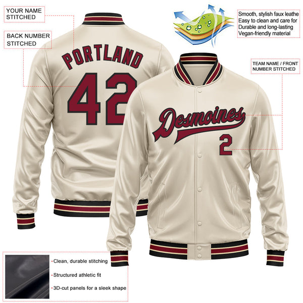 Custom Cream Crimson-Black Bomber Full-Snap Varsity Faux Leather Letterman Jacket alternate