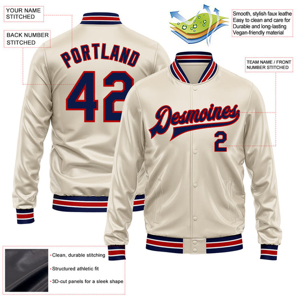 Custom Cream Navy-Red Bomber Full-Snap Varsity Faux Leather Letterman Jacket alternate