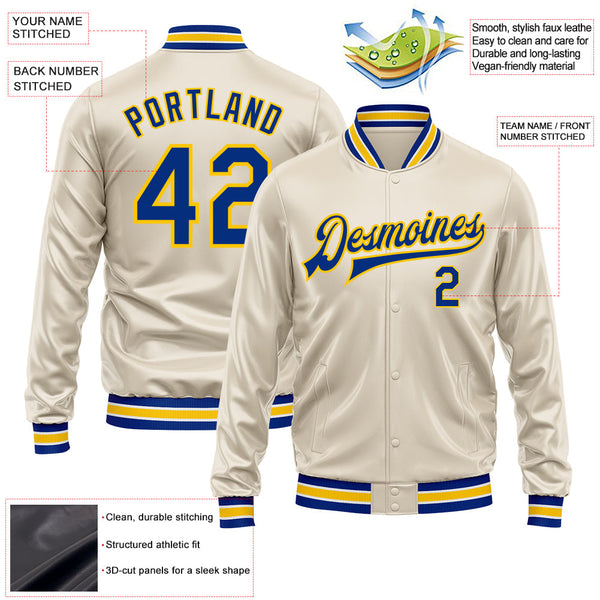 Custom Cream Royal-Yellow Bomber Full-Snap Varsity Faux Leather Letterman Jacket alternate