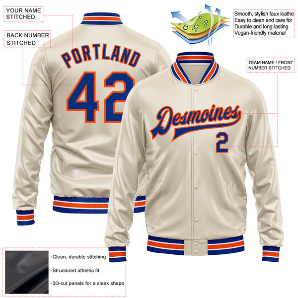 Custom Cream Royal-Orange Bomber Full-Snap Varsity Faux Leather Letterman Jacket alternate