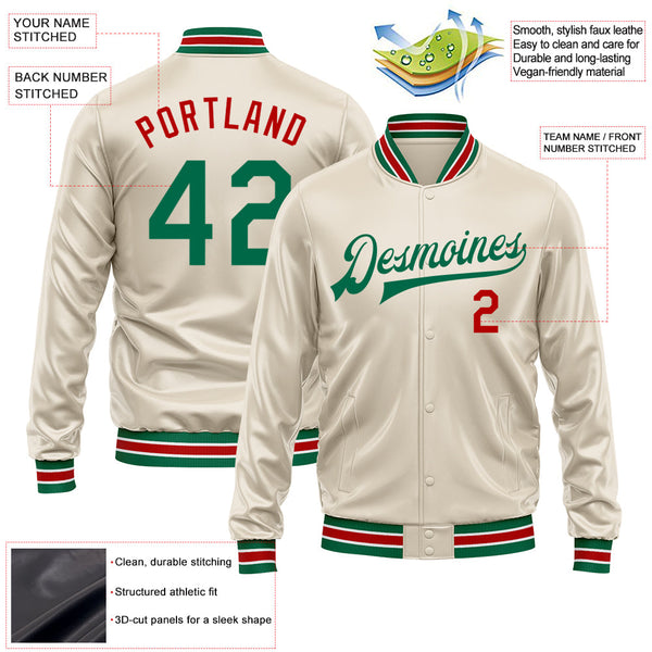 Custom Cream Kelly Green-Red Bomber Full-Snap Varsity Faux Leather Letterman Jacket alternate