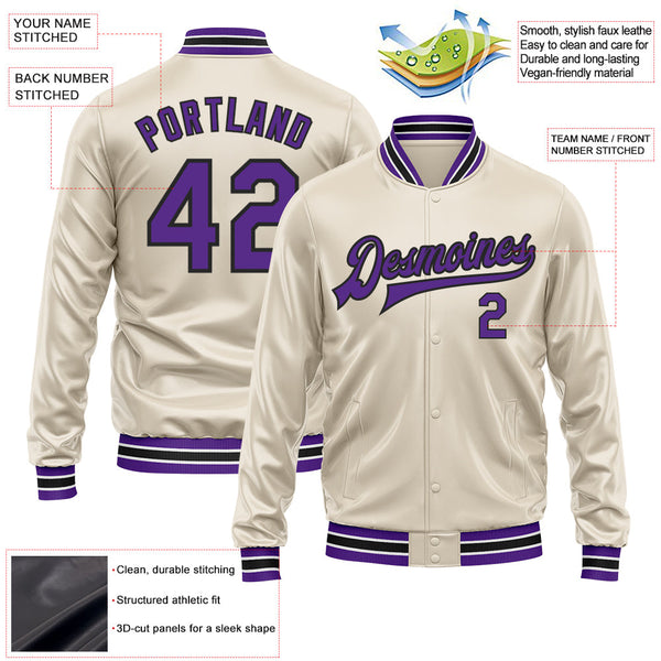 Custom Cream Purple-Black Bomber Full-Snap Varsity Faux Leather Letterman Jacket alternate