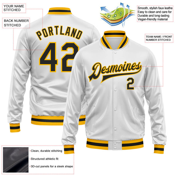 Custom White Black-Gold Bomber Full-Snap Varsity Faux Leather Letterman Jacket alternate