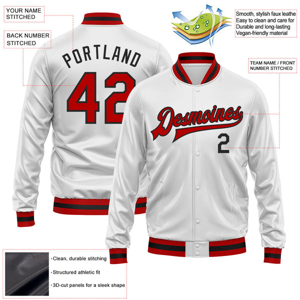 Custom White Red-Black Bomber Full-Snap Varsity Faux Leather Letterman Jacket alternate