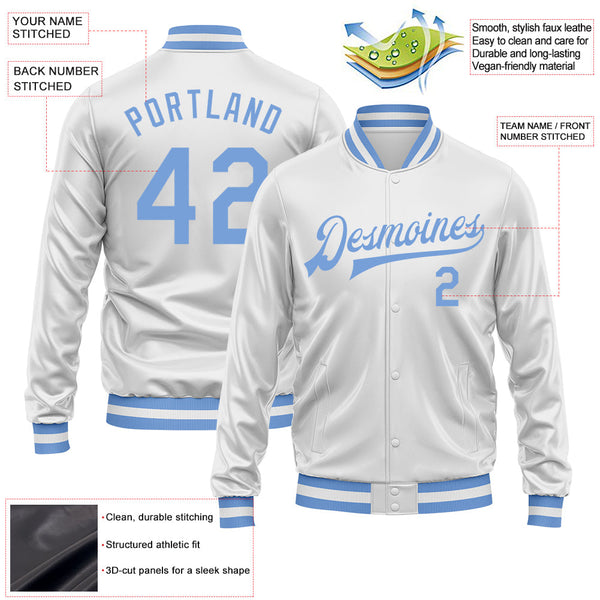 Custom White Light Blue Bomber Full-Snap Varsity Faux Leather Letterman Jacket alternate