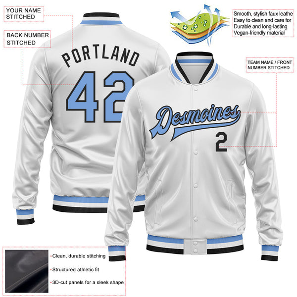 Custom White Light Blue-Black Bomber Full-Snap Varsity Faux Leather Letterman Jacket alternate