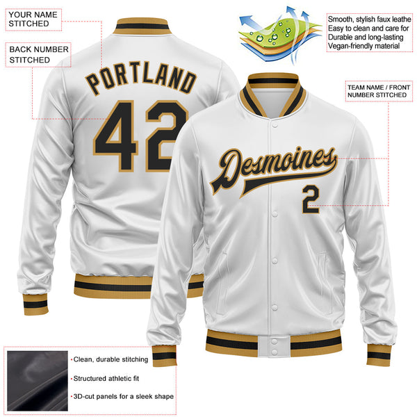 Custom White Black-Old Gold Bomber Full-Snap Varsity Faux Leather Letterman Jacket alternate