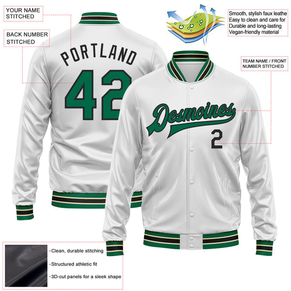 Custom White Kelly Green-Black Bomber Full-Snap Varsity Faux Leather Letterman Jacket alternate