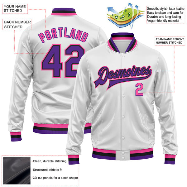 Custom White Purple Pink-Black Bomber Full-Snap Varsity Faux Leather Letterman Jacket alternate