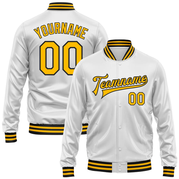 Custom White Gold-Black Bomber Full-Snap Varsity Faux Leather Letterman Jacket
