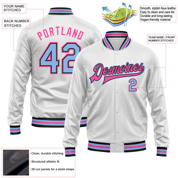 Custom White Light Blue Pink-Black Bomber Full-Snap Varsity Faux Leather Letterman Jacket alternate