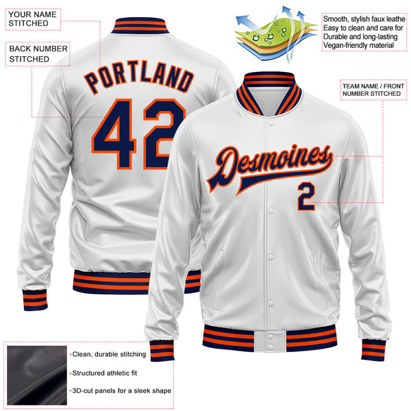 Custom White Navy-Orange Bomber Full-Snap Varsity Faux Leather Letterman Jacket alternate