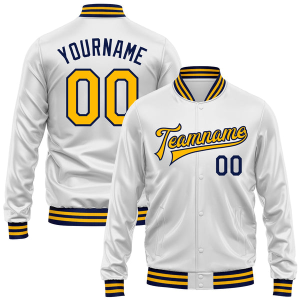 Custom White Gold-Navy Bomber Full-Snap Varsity Faux Leather Letterman Jacket