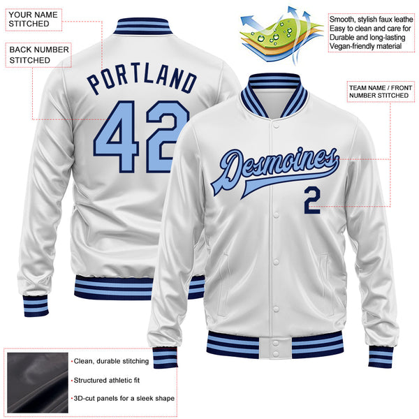 Custom White Light Blue-Navy Bomber Full-Snap Varsity Faux Leather Letterman Jacket alternate