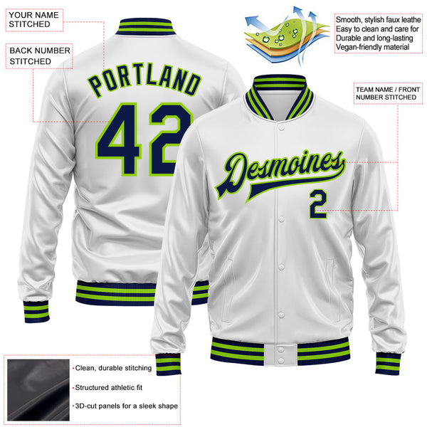 Custom White Navy-Neon Green Bomber Full-Snap Varsity Faux Leather Letterman Jacket alternate