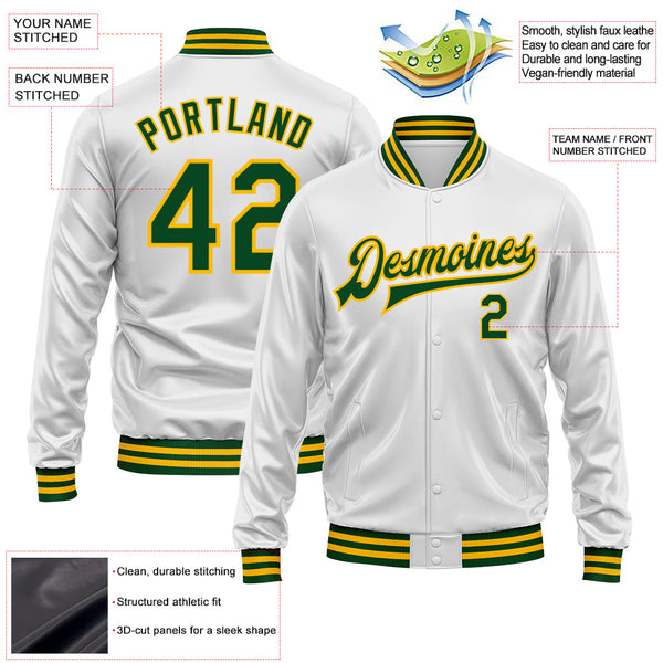 Custom White Green-Gold Bomber Full-Snap Varsity Faux Leather Letterman Jacket alternate