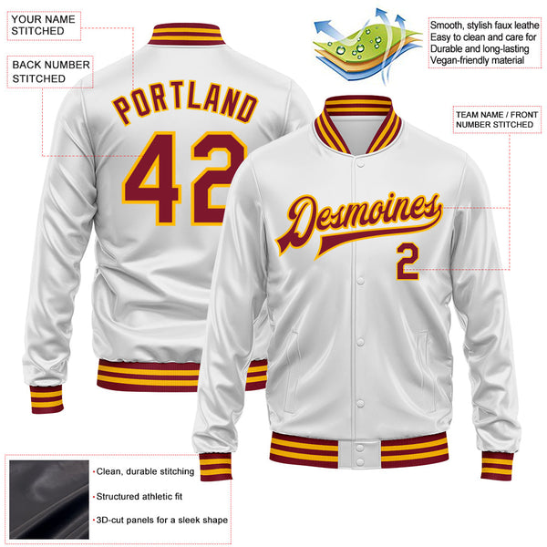 Custom White Crimson-Gold Bomber Full-Snap Varsity Faux Leather Letterman Jacket alternate